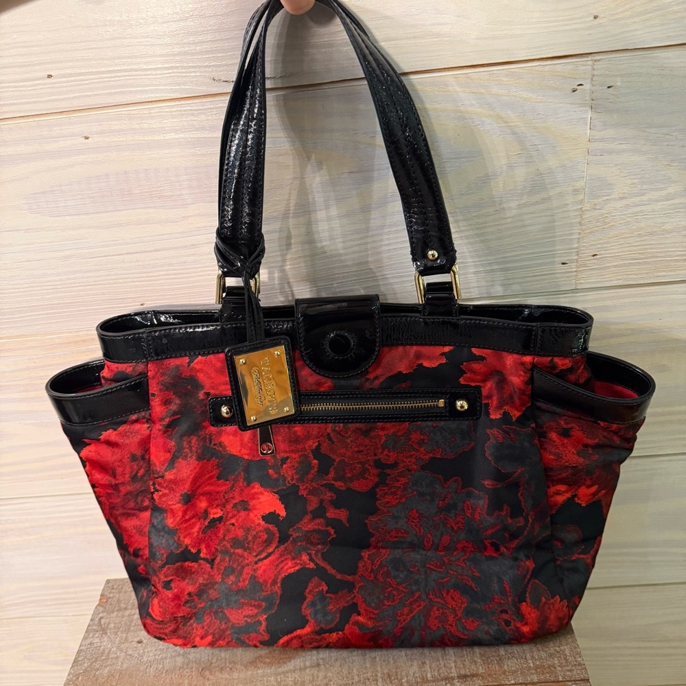 Talbots Black Red Floral Fabric Shoulder Tote Black Faux Patent Leather Trim - Picture 2 of 13